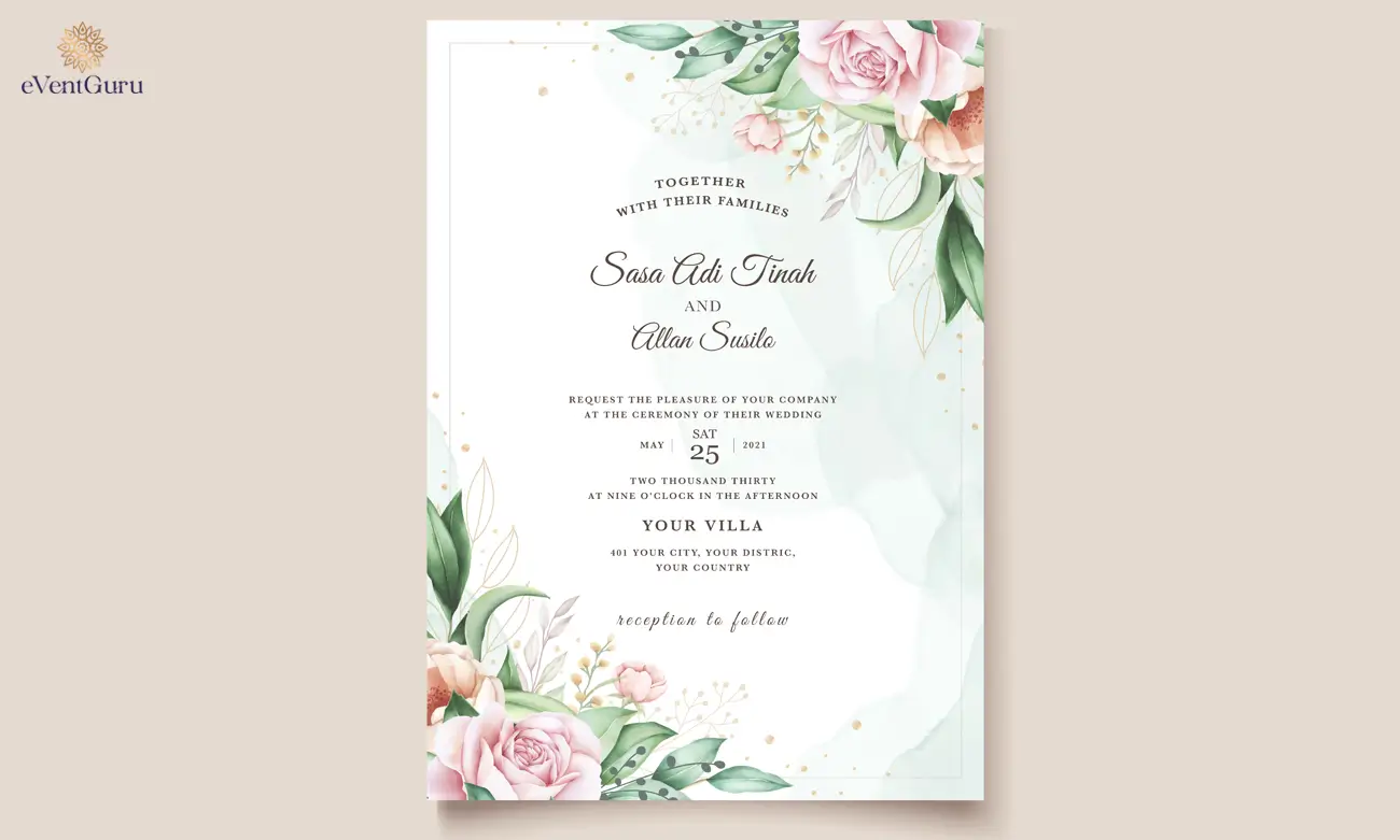Template for a hand-drawn floral wedding invitation card