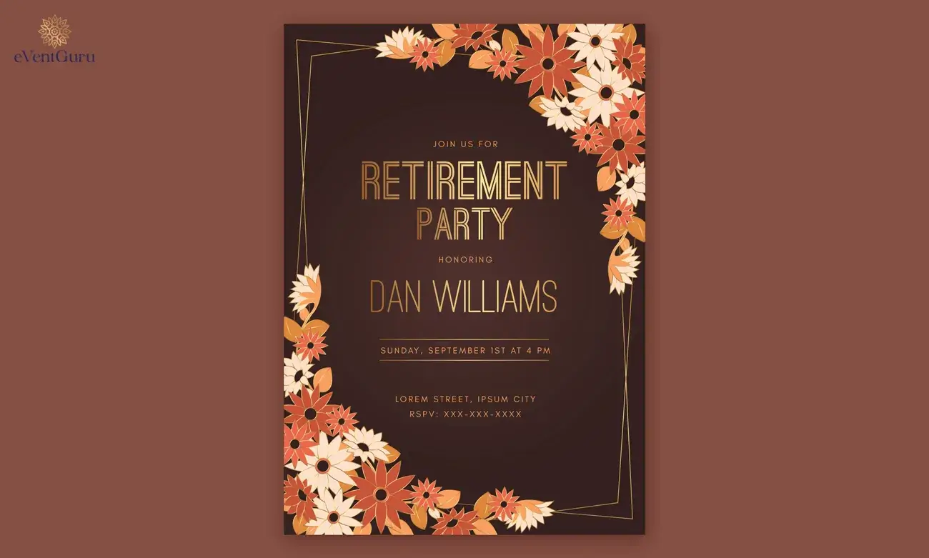 Retirement party invitation for Dan Williams. The invitation is decorated with flowers and has a gold frame.