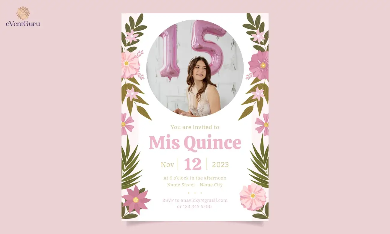 Quinceanera invitation Includes the name of the event, date, time, location, and RSVP information