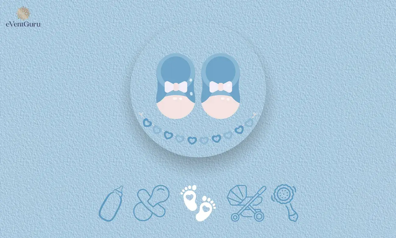 Baby shower card with blue baby shoes, hearts, and baby icons like a bottle, pacifier, and stroller.