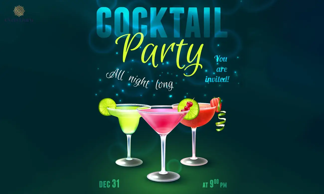 Cocktail party invitation with colorful drinks for Dec 31.