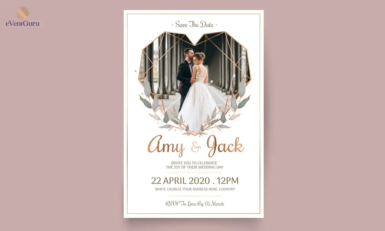 Elegant save-the-date wedding invitation with a couple in formal attire and floral frame design.