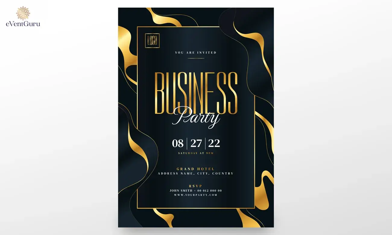 Elegant black and gold business party invitation with bold text, event details for 08/27/22 at Grand Hotel, and RSVP information in a sleek, modern design.