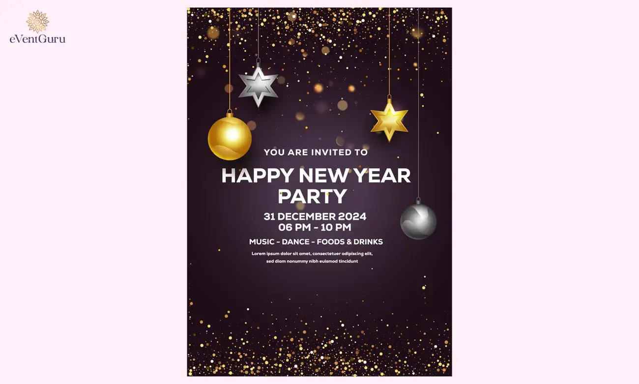 New Year party invitation with gold and silver ornaments, confetti, and event details for Dec 31, 2024.